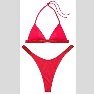 New! Victoria’s Secret Shine Strap Triangle Bikini Top Thong Bottom 4735